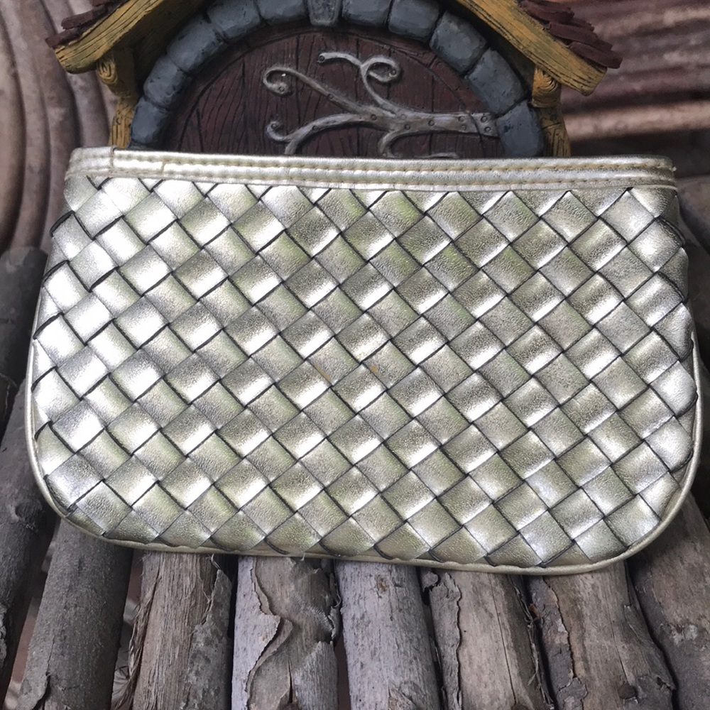 Gold Woven Faux Leather Makeup Bag